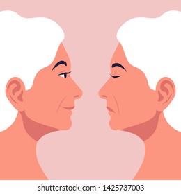 Bipolar disorder. Portrait of an older woman in profile in depression and in a good mood. Two female faces from the side. Vector illustration in flat style