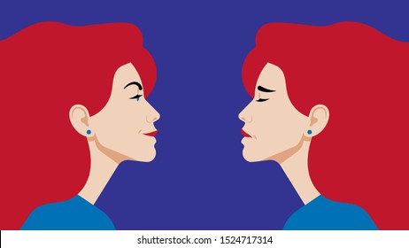  Trastorno bipolar. Retrato de mujer en perfil en depresión y de buen humor. Dos caras femeninas de un lado. Ilustración del vector en estilo plano