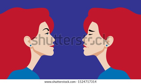双極性障害 落ち込んで機嫌の良い女性の横顔を描く 2人の女が横から顔を出す フラットスタイルのベクターイラスト のベクター画像素材 ロイヤリティフリー