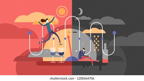 Bipolar Disorder Psychological State Diagnosis Concept, Flat Vector Illustration, Expressive Happiness And Depression, Unstable Patient Mood, Contrasting Feelings With Cheerful And Frustrated Person