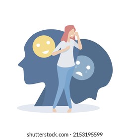 Diagnóstico de estado psicológico de trastorno bipolar, sensación de diversos estados de ánimo de personalidad, salud mental, ilustración vectorial.