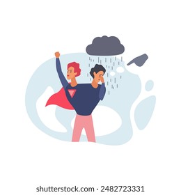 Bipolar disorder and split personality in male character, role of hero and victim vector illustration