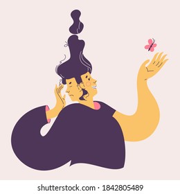 Bipolar disorder vector illustration. Woman with two faces. One is happy, another own is deeply sad. Isolated on beige background concept character