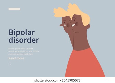 Bipolar disorder website concept. Young man suffering from bipolar disorder, psychological diseases, schizophrenia. Happy young man, ghostly sad twin behind. Modern flat vector illustration.