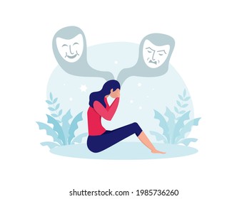  Bipolar disorder, Woman suffers from hormonal with a change in mood. Mental health vector illustration