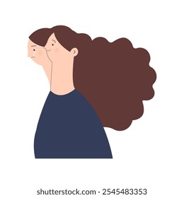 Bipolar disorder. Young woman suffering from bipolar disorder, psychological diseases, schizophrenia. Happy young woman, ghostly sad twin behind. Modern flat vector illustration.