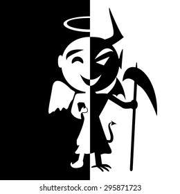 Bipolar disorder.Smile of saint and satan, Angel and Devil in same person, good or evil,fake man,. Abstract silhouette background