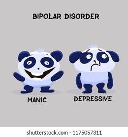 Bipolar double personality mental disorder panda. Mental health problem.  Vector illustration for websites, brochures, magazines. Cartoon, flat. Medicine concept.