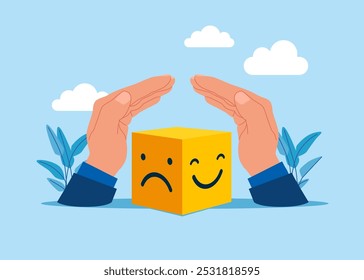 Bipolar. Mask your emotions with a fake smile. Health insurance contract. Flat vector illustration