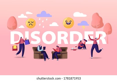 Bipolar Mental Brain Disorder Concept. Female Character with Neurological and Emotion Sickness Visit Psychiatrist Doctor for Psychological Help Poster Banner Flyer. Cartoon People Vector Illustration