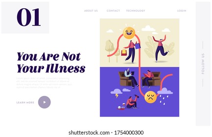 Bipolar Mental Brain Disorder Landing Page Template. Female Character with Neurological or Emotion Sickness Visit Psychiatrist Doctor for Medical Psychological Help. Cartoon People Vector Illustration