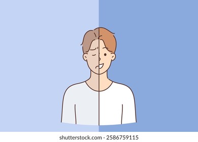 Bipolar personality disorder in man who simultaneously smiles and makes negative grimace. Problem of bipolar disorder and sudden changes in mood due to deterioration of psychological health