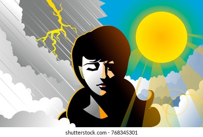 bipolar woman with rain and sun backgrounds