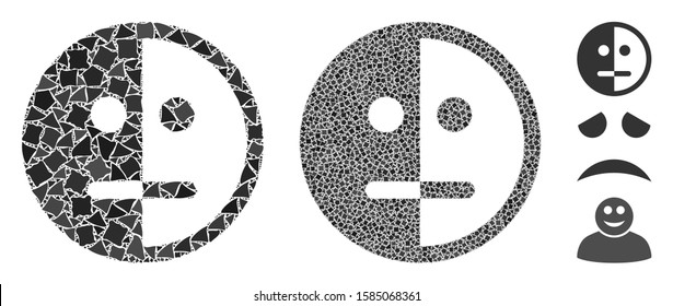 Bipolarity face icon composition of trembly pieces in variable sizes and color tones, based on bipolarity face icon. Vector raggy pieces are combined into collage.