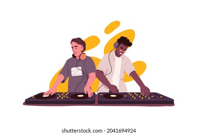 Biracial DJ duet mixing audio tracks at electronic controller. Happy men in headphones playing electro dance music at turntable. People at console mixer. Flat vector illustration isolated on white