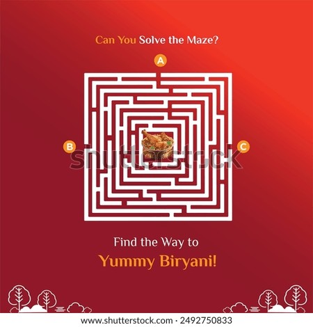 Birayni, Restaurant, Food Concept. Guess the way. Maze Challenge, Creative Social Media Post Vector Design Template
