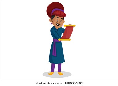 Birbal is reading a message on paper. Vector graphic illustration. Individually on a white background.