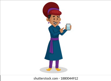 Vektorgrafik. Birbal zeigt ein Mobiltelefon. Individuell auf weißem Hintergrund.
