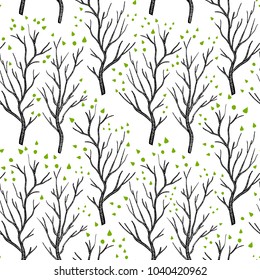 Birch or aspen brown trees in spring with small green leaves on white seamless pattern, vector