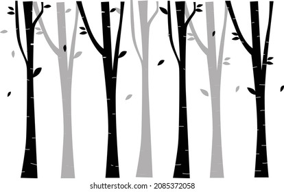 Vector de diseño de bosques de árboles de aves o álamos. Fondo vectorial transparente con bosque de abedules. 