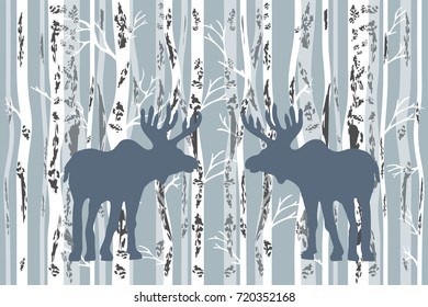 Birch autumn forest. Seamless vector pattern with trees and elks on grey background. Design for cards, covers, textile inspired by folk art.