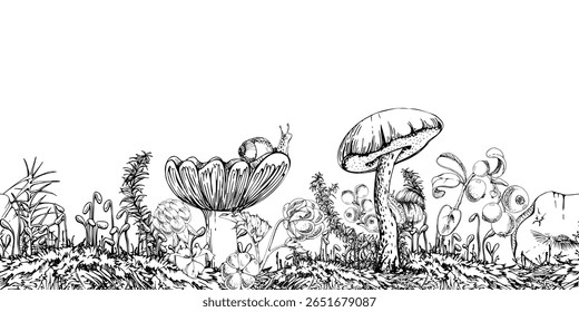 Vidoeiro bolete cep russula scaber caule cogumelo, caracol, planta de cavalinha, oxicoco lingonberry bagas galhos em cima de almofada de musgo com caules de esporos. Mão de cabeçalho de banner sem costura desenhada em tinta vetorial
