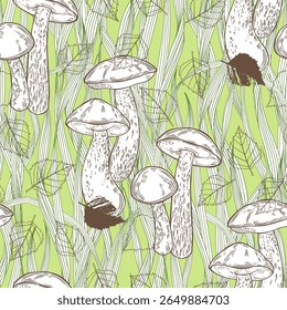 Berkenboleten, paddenstoelen, gras en berkenbladeren op groen. Naadloos vectorpatroon. Handgetekende illustratie. Perfect voor design sjablonen, behang, verpakking, stof, print en textiel. 