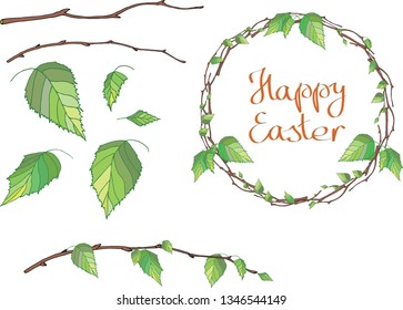 birch branches and leaves, wreath of branches, lettering happy easter, assembly for pattern brush