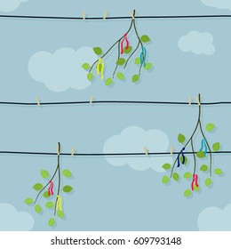 Birch branches on clothesline - vector illustration