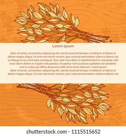 Birch broom for the bath on a wooden background. Design template banners, cards, cards for sauna, bath.  Place for text. Hand drawing in sketch style. Vector illustration. EPS 10.