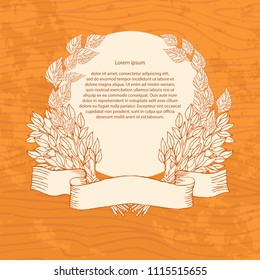 Birch broom for the bath on a wooden background. Design template banners, cards, cards for sauna, bath.  Place for text. Hand drawing in sketch style. Vector illustration. EPS 10.