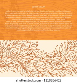 Birch broom for the bath on a wooden background. Design template banners, cards, cards for sauna, bath.  Place for text. Hand drawing in sketch style. Vector illustration. EPS 10.