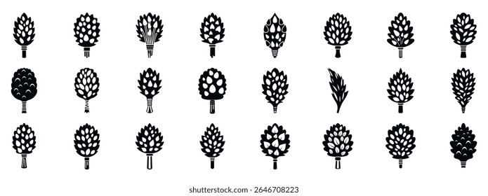 Birch broom icons set. Hop cones, essential for brewing, are depicted in various simple black silhouettes, highlighting their diverse forms and textures