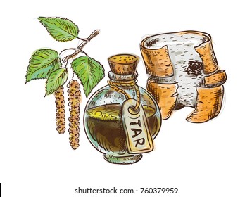 Birch Coal Tar In Bottle With Birchbark And Twig. Watercolor Imitation With Sketch. Vector Illustration