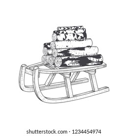 
Birch firewoods on a wooden sled. Hand drawn vector vintage illustration. Sketch.