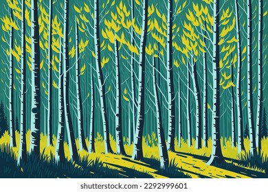 Birch forest. Landscape of the forest. Birch Grove. Birch trees vector illustration.