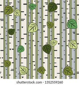 Birch forest with leaves seamless pattern. Spring and summer narure theme vector illustration.