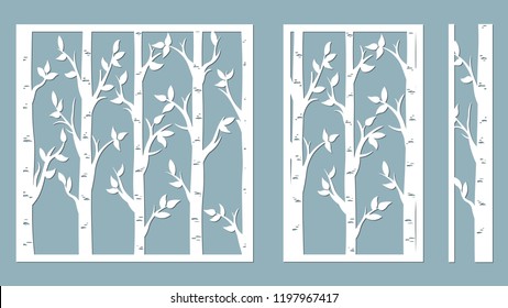 Birch Grove background. Vector birch or aspen trees with leaves. Pattern suitable for laser cutting or print. Template for plotter and screen printing. serigraphy