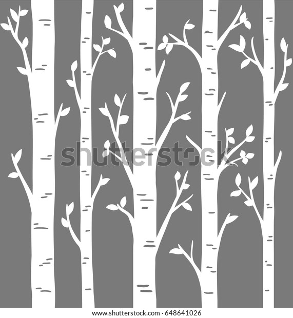 Birch Grove background for your\
design. Vector birch or aspen trees with leaves. Set of laser cut\
birch trees. Pattern suitable for laser cutting or print.\
