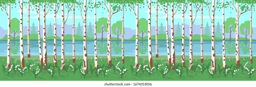 Birch grove with lilies of the valley and a river. Vector background