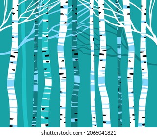 Birch Grove. Stylized white and blue trunks and branches of trees on a blue background. Flat vector illustration.