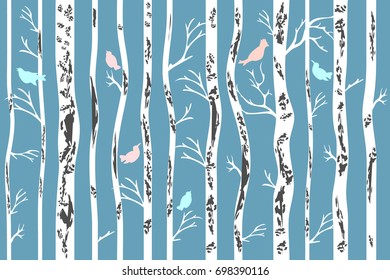 Birch grove in winter. Seamless vector pattern with trees and birds. Retro textile collection. 