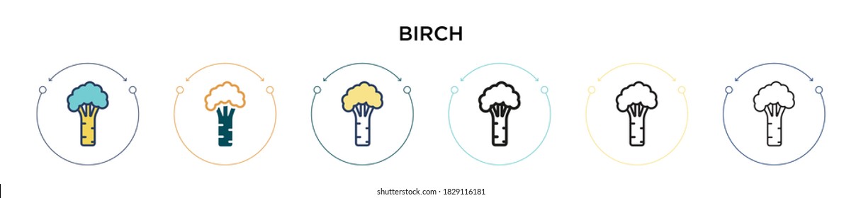 Birch Symbol in vollem, dünner Linie, Umriss und Strich Stil. Vektorgrafik von zwei farbigen und schwarzen Birkensymbolen für mobile, ui, web-gestützte Vektorgrafiken