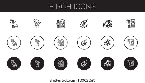 birch icons set. Collection of birch with russian banya, oak leaf, viburnum. Editable and scalable birch icons.