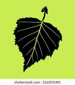 Birch Leaf. Black Vector Birch Leaf Silhouette Isolated On Light Green Background.