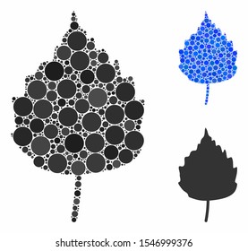 Birch leaf mosaic of filled circles in various sizes and color hues, based on birch leaf icon. Vector filled circles are organized into blue composition.