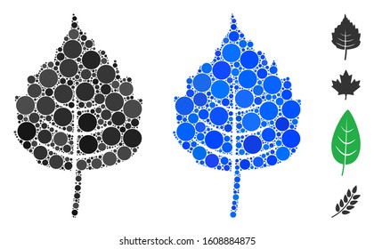 Birch leaf mosaic of small circles in various sizes and color hues, based on birch leaf icon. Vector small circles are grouped into blue mosaic. Dotted birch leaf icon in usual and blue versions.
