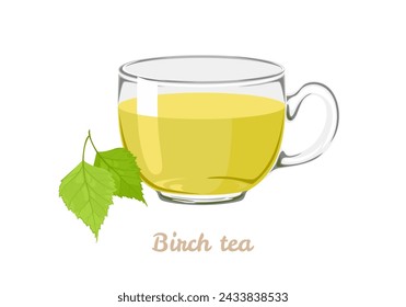 Birch leaf tea in transparent glass cup. Vector cartoon illustration of herbal tea.