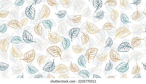 Birch leaves outline vector seamless pattern graphic design. Floral hand drawn background. Birch or basil foliage textile print. Spring organic doodle leaves continuous pattern. Botany design.