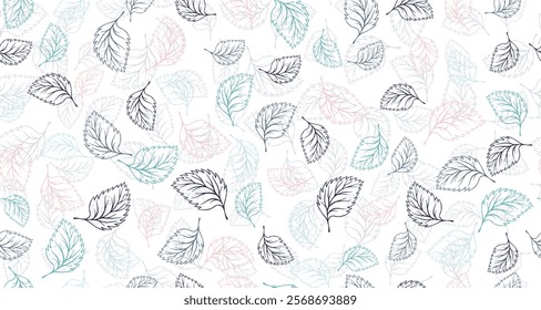 Birch leaves outline vector seamless pattern graphic design. Floral hand drawn background. Birch or basil foliage textile print. Spring organic doodle leaves continuous pattern. Eco design.